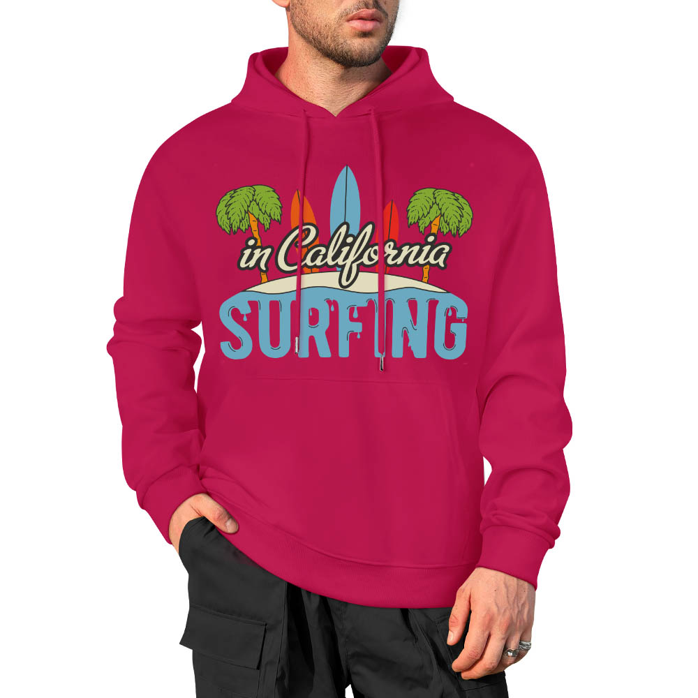 Hot pink cotton hoodie with CALIFORNIA SURFING graphic, loose fit, suitable for daily wear