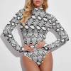 Snakeskin print turtleneck long sleeve bodysuit, polyester-spandex blend for women. Stylish and versatile for any occasion.