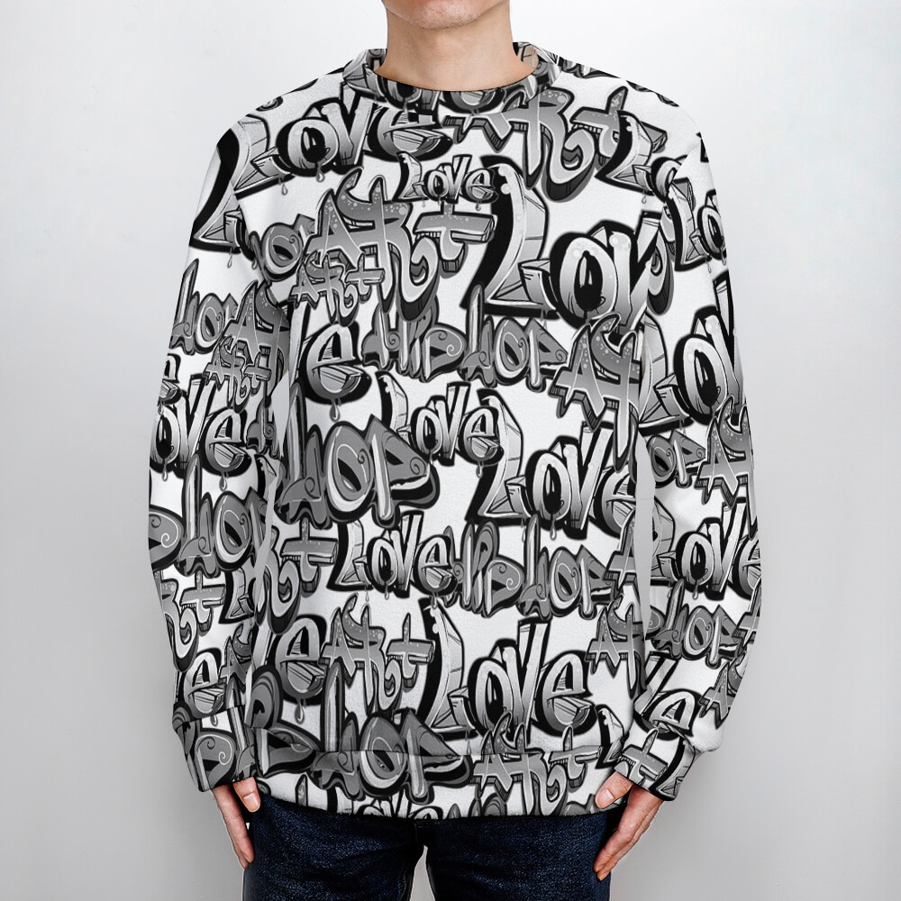 Men's crew neck sweater with a black and white pattern, suitable for winter wear.