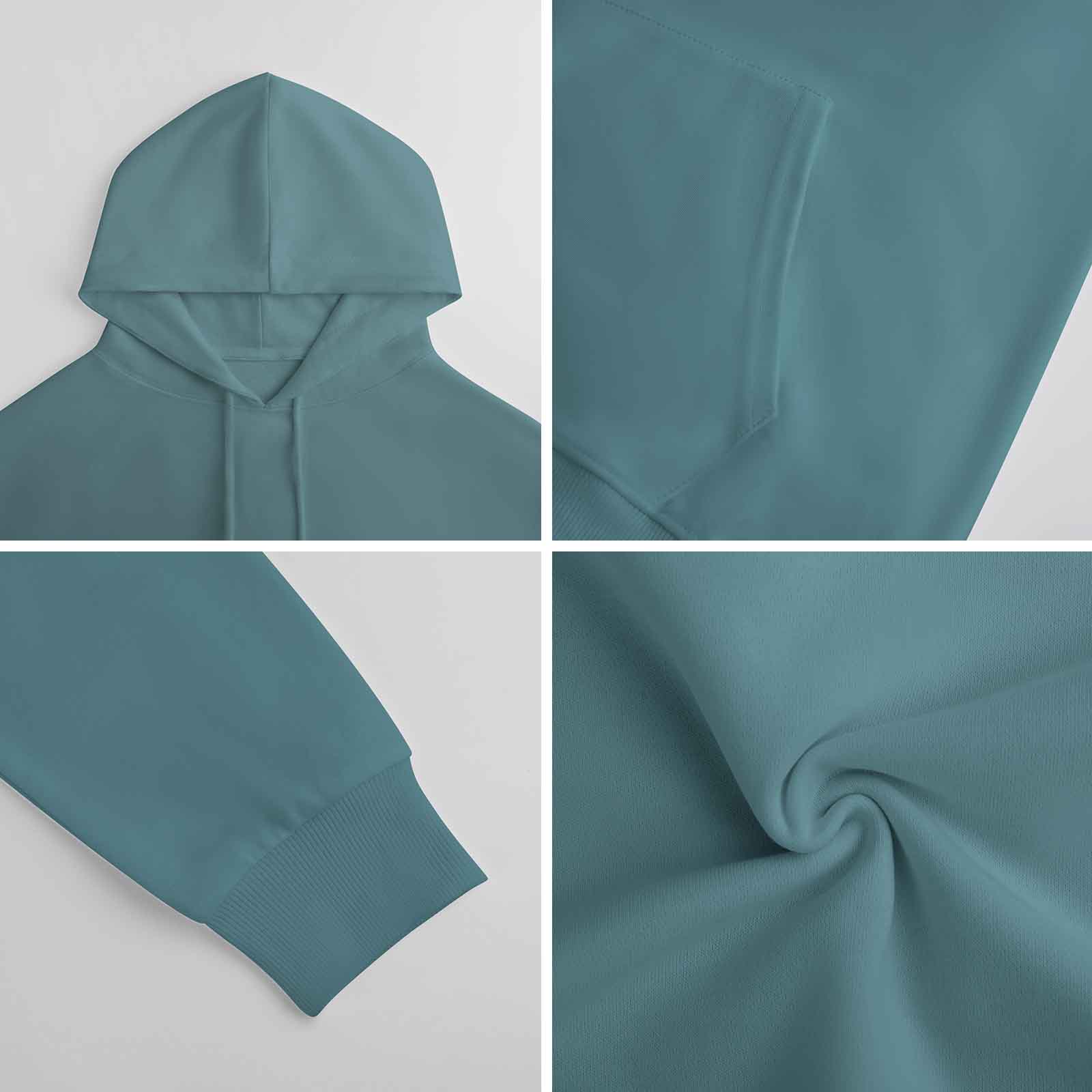 Teal cotton hooded sweater fabric details: hood, sleeve, and texture, youth fashion style.