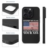 iPhone 15 Pro case with American flag design, black TPU, text "STOMP MY FLAG AND I'LL STOMP YOUR ASS", shockproof.