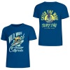 Blue pure cotton short-sleeved T-shirt with surfing print, front and back view, California summer fashion.