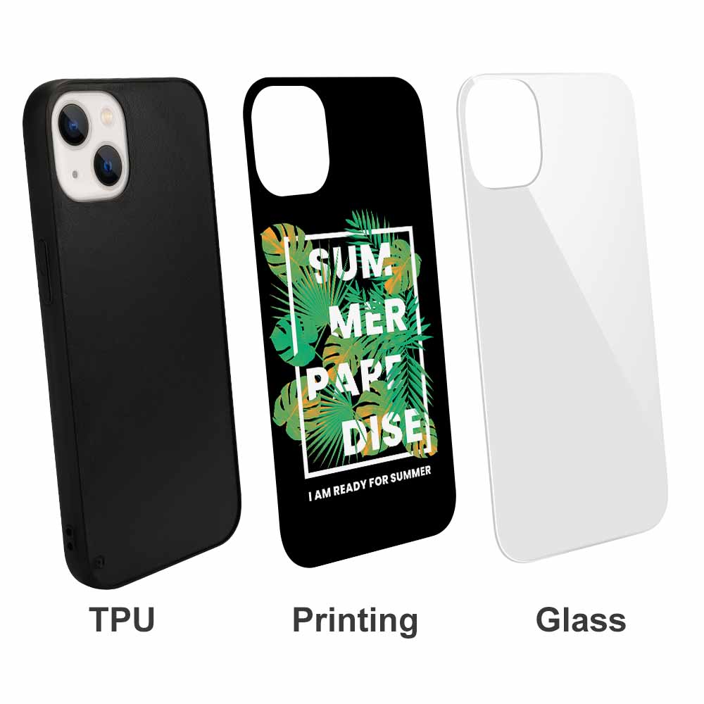 iPhone 13 SUMMER PARADISE case: TPU, printing, glass back, wireless charging, scratch resistant.
