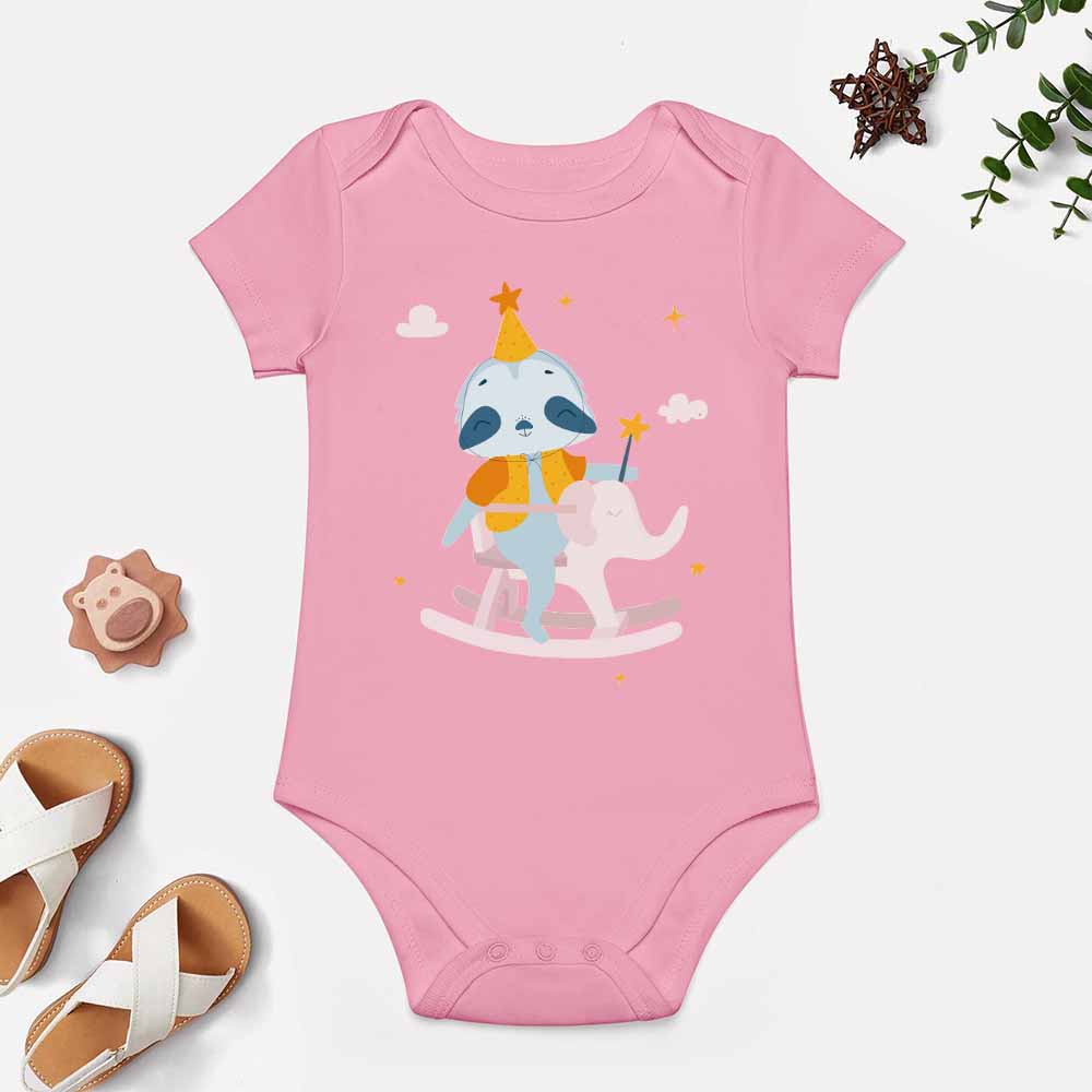 Pink baby bodysuit featuring a cartoon elephant design, soft cotton, for babies 3-24 months.