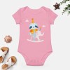 Pink baby bodysuit featuring a cartoon elephant design, soft cotton, for babies 3-24 months.