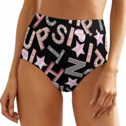 Women's high waist panties with 'UP, YES, FUN' text design, star patterns, and a comfortable elastic waistband.