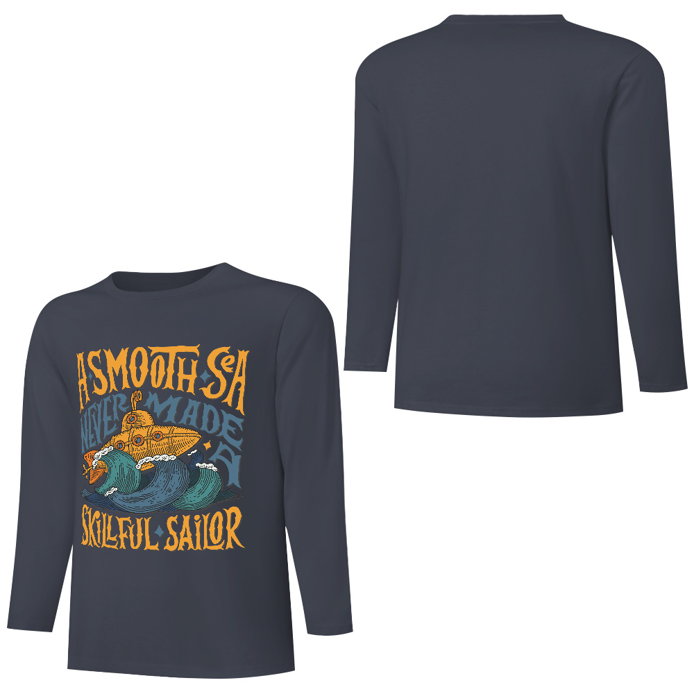 Dark blue pure cotton long sleeve T-shirt featuring 'A SMOOTH SHAKER' graphic, casual wear.