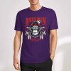 Purple cotton short sleeve T-shirt with "AMERICAN LEGEND" gorilla graphic print for men. Summer fashion.
