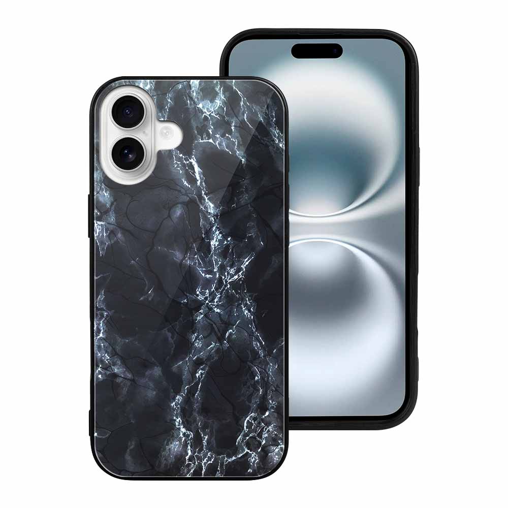 iPhone 16 series glass case with dark marble pattern for scratch protection