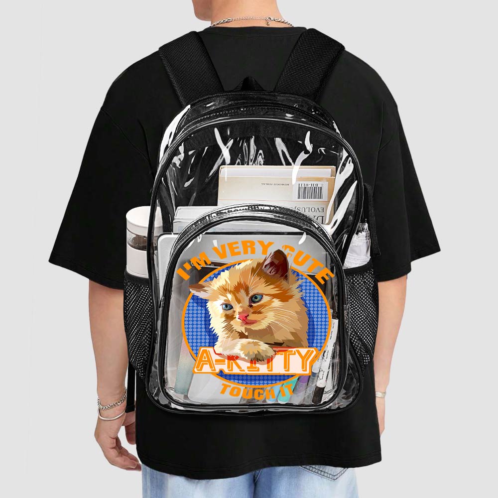 Transparent PVC backpack with a cute cat print, perfect for work, travel, and stylish everyday use.