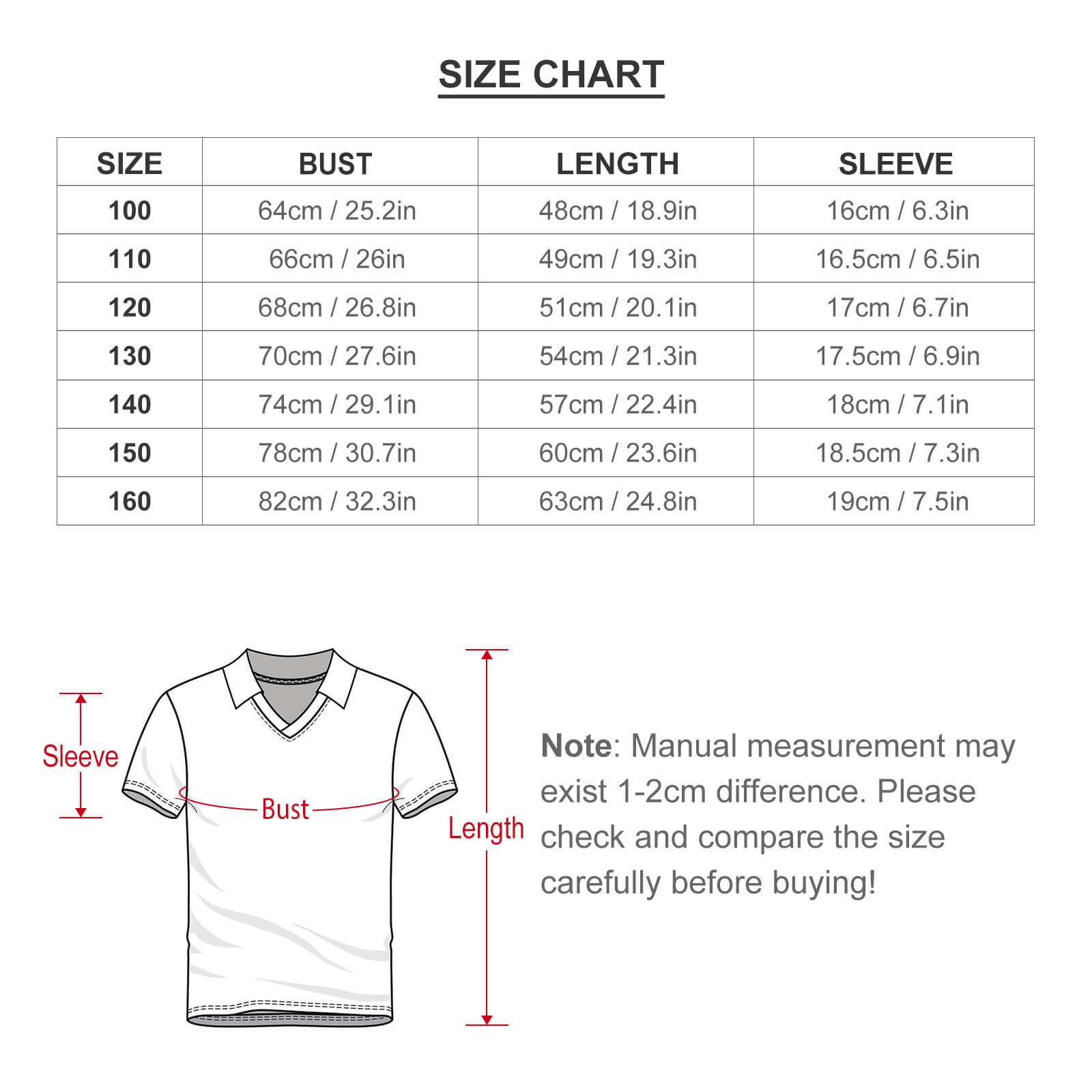Children's football jersey size chart, including bust, length, and sleeve measurements in cm and inches.