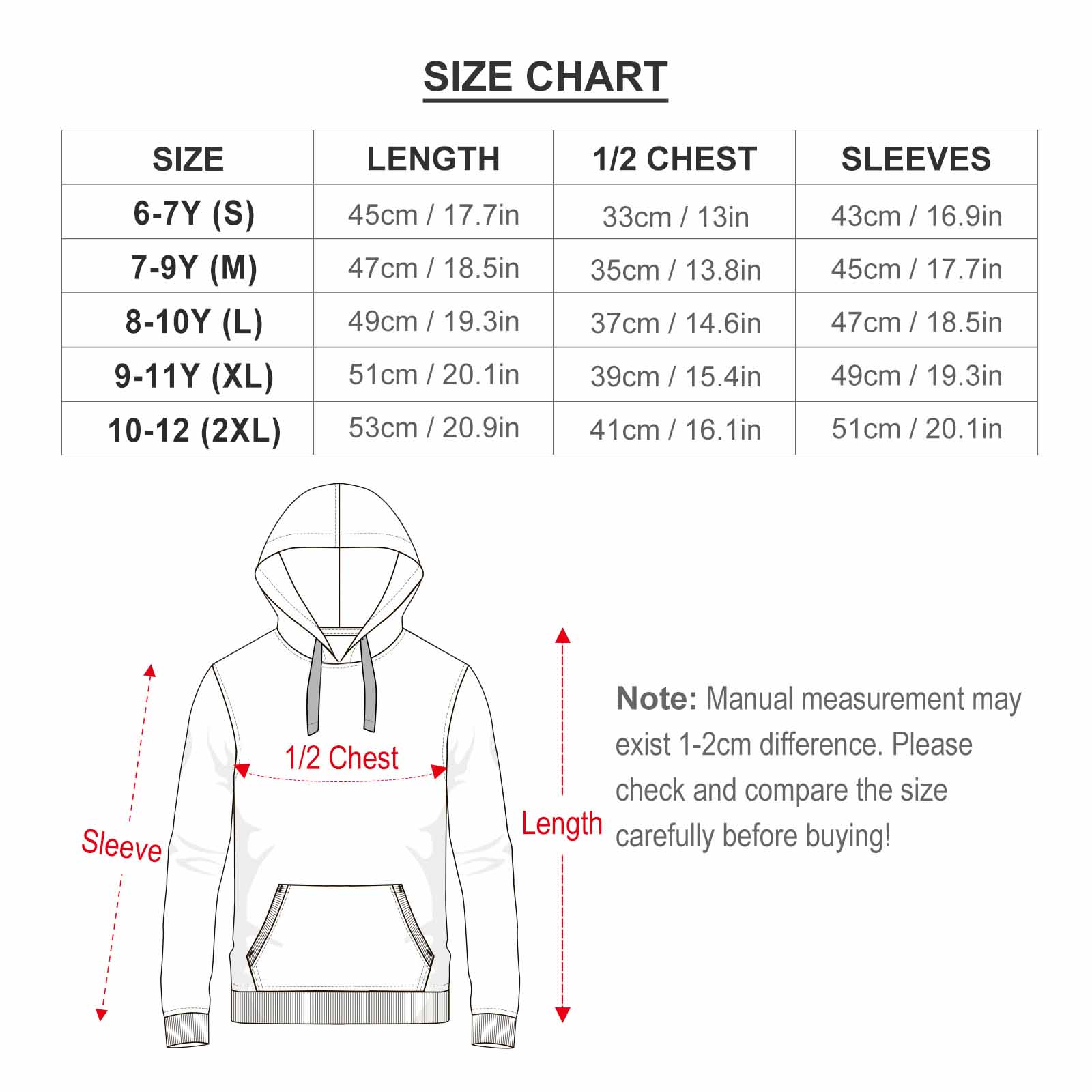 Kids Hoodie size chart, bust, length, sleeve measurements, white hoodie