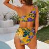 Yellow floral one-shoulder bikini swimsuit, high-waisted design, perfect for beach
