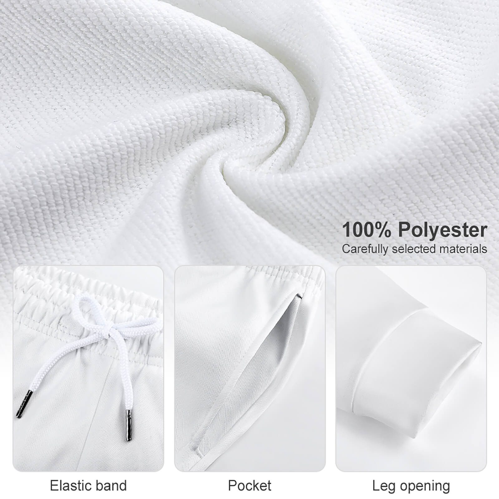White polyester sweatpants detail showing drawstring, pocket, and cuff, 100% polyester fiber.