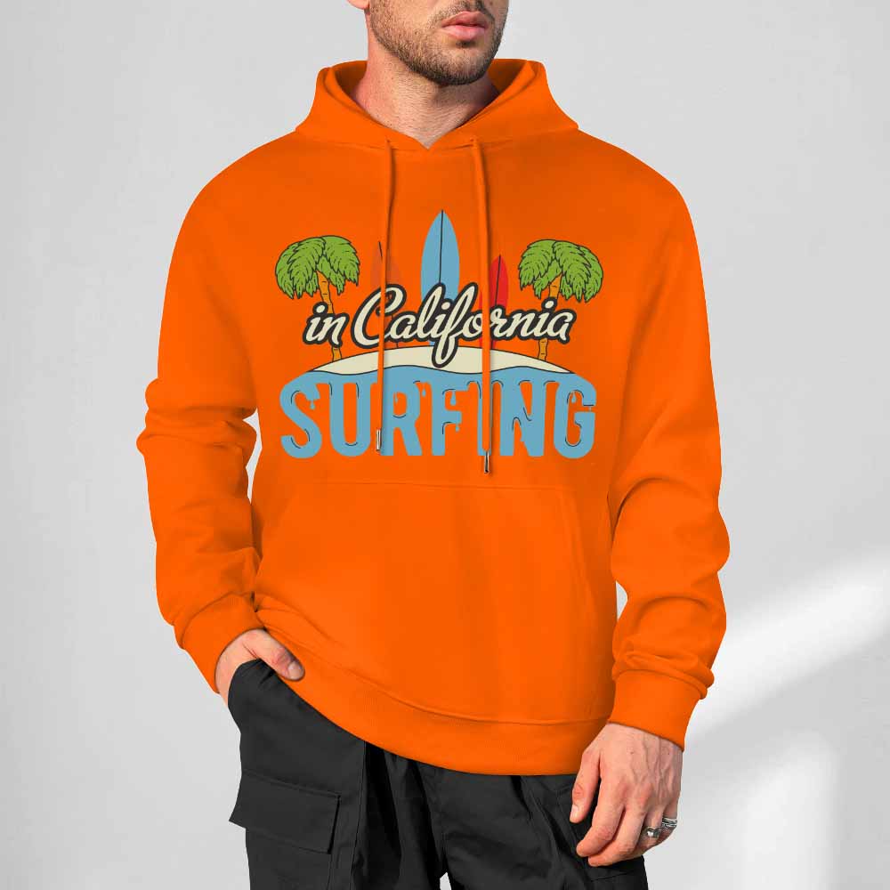 Orange cotton CALIFORNIA SURFING hoodie, loose fit, suitable for daily wear.
