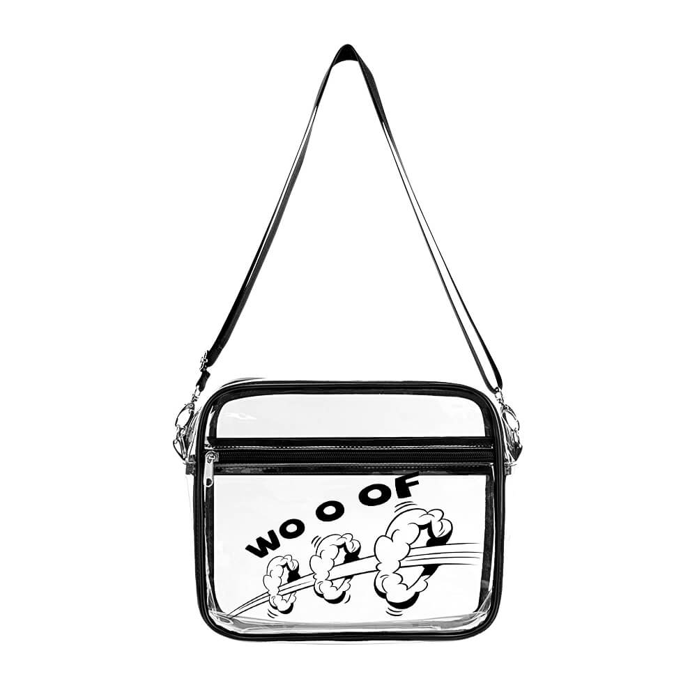 Transparent satchel bag with black trim and a shoulder strap, featuring playful graphic elements.