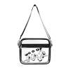Transparent satchel bag with black trim and a shoulder strap, featuring playful graphic elements.
