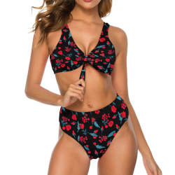 Black Safflower Bikini Swimsuit with Bowknot Design