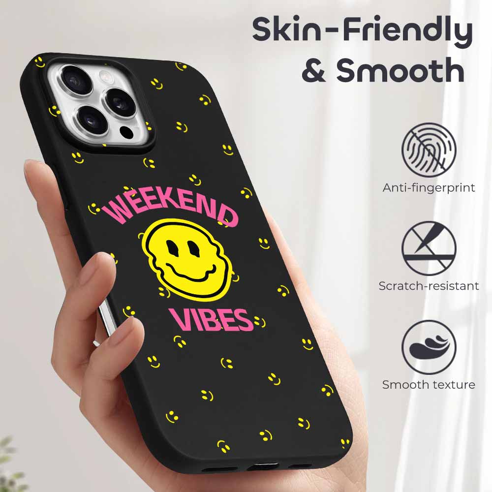 iPhone 16 Series case with 'Weekend Vibes' design, black TPU, skin-friendly & smooth.