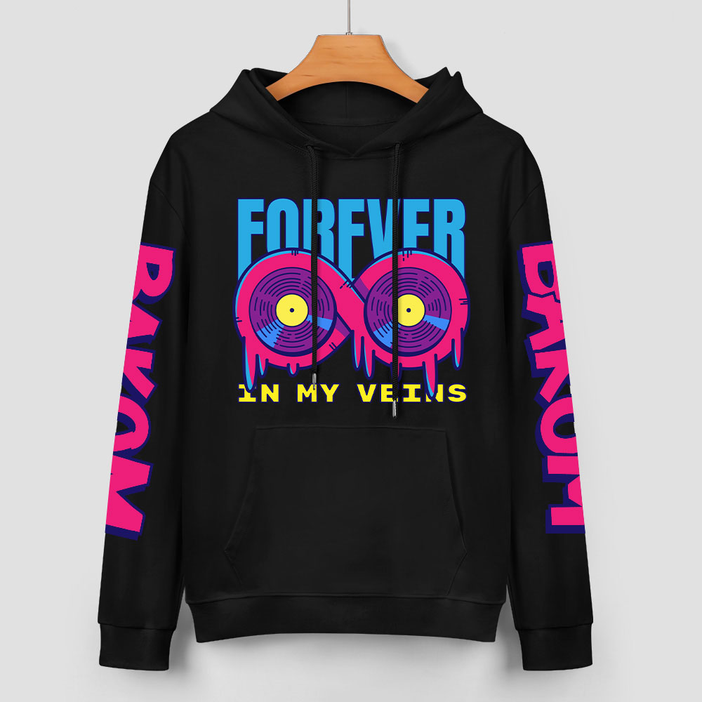 Black cotton hoodie with 'FOREVER' donut graphic, DAKUM, CHRONM sleeve prints, youth fashion style.