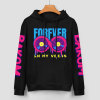 Black cotton hoodie with 'FOREVER' donut graphic, DAKUM, CHRONM sleeve prints, youth fashion style.