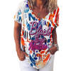 V-neck ice silk short sleeve women's shirt with colorful abstract print, casual and comfortable, perfect for daily wear.