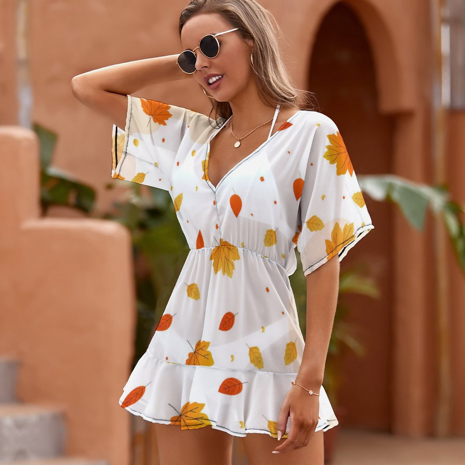 White V-neck short sleeve dress with floral pattern, perfect for vacation