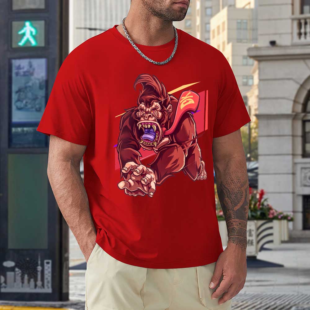 Red cotton men's t-shirt with red monster graphic print, Inkedjoy design, 100% cotton.
