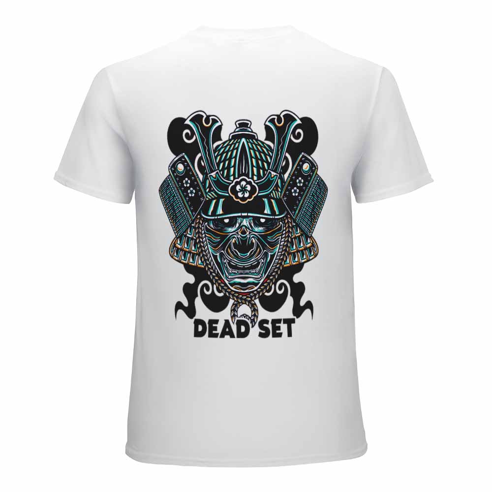 White cotton men's T-shirt with blue samurai skull design and "DEAD SET" text, perfect for leisure and events.