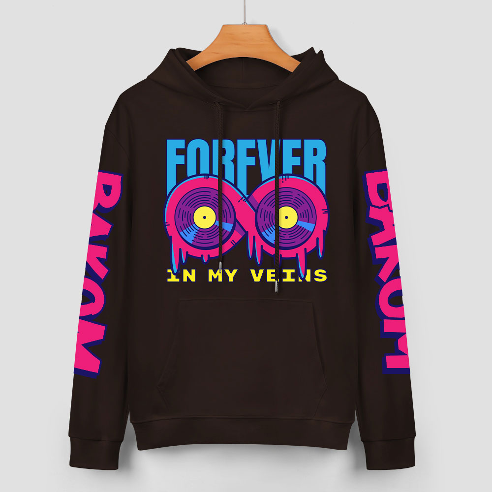 Black cotton hoodie with 'FOREVER' donut graphic, DAKUM and CHRONM sleeve prints, youth fashion style.