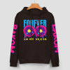 Black cotton hoodie with 'FOREVER' donut graphic, DAKUM and CHRONM sleeve prints, youth fashion style.