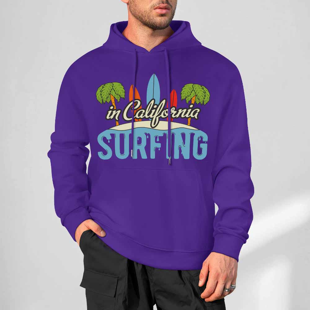 Purple cotton California Surfing hoodie for men, loose fit, comfortable daily wear.
