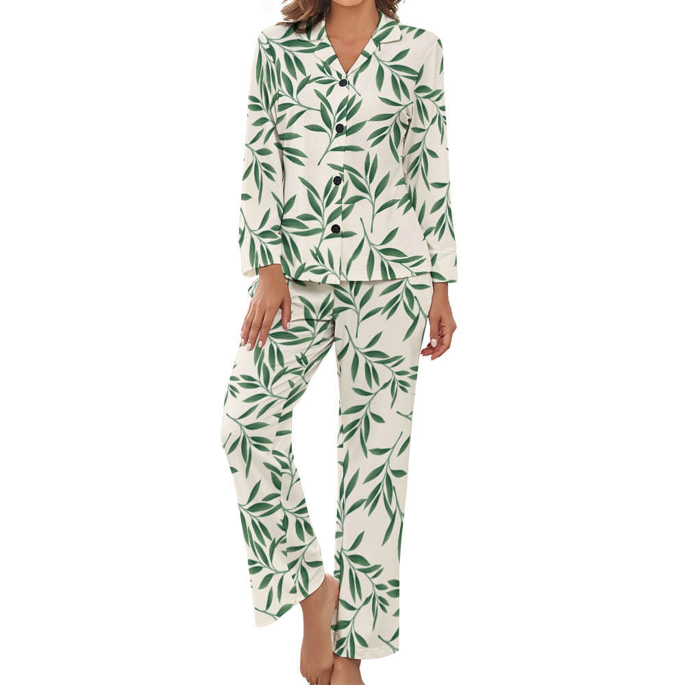 Women's Pajama Set with Floral Print, V-neck long-sleeve top and trousers, soft and comfortable polyester material