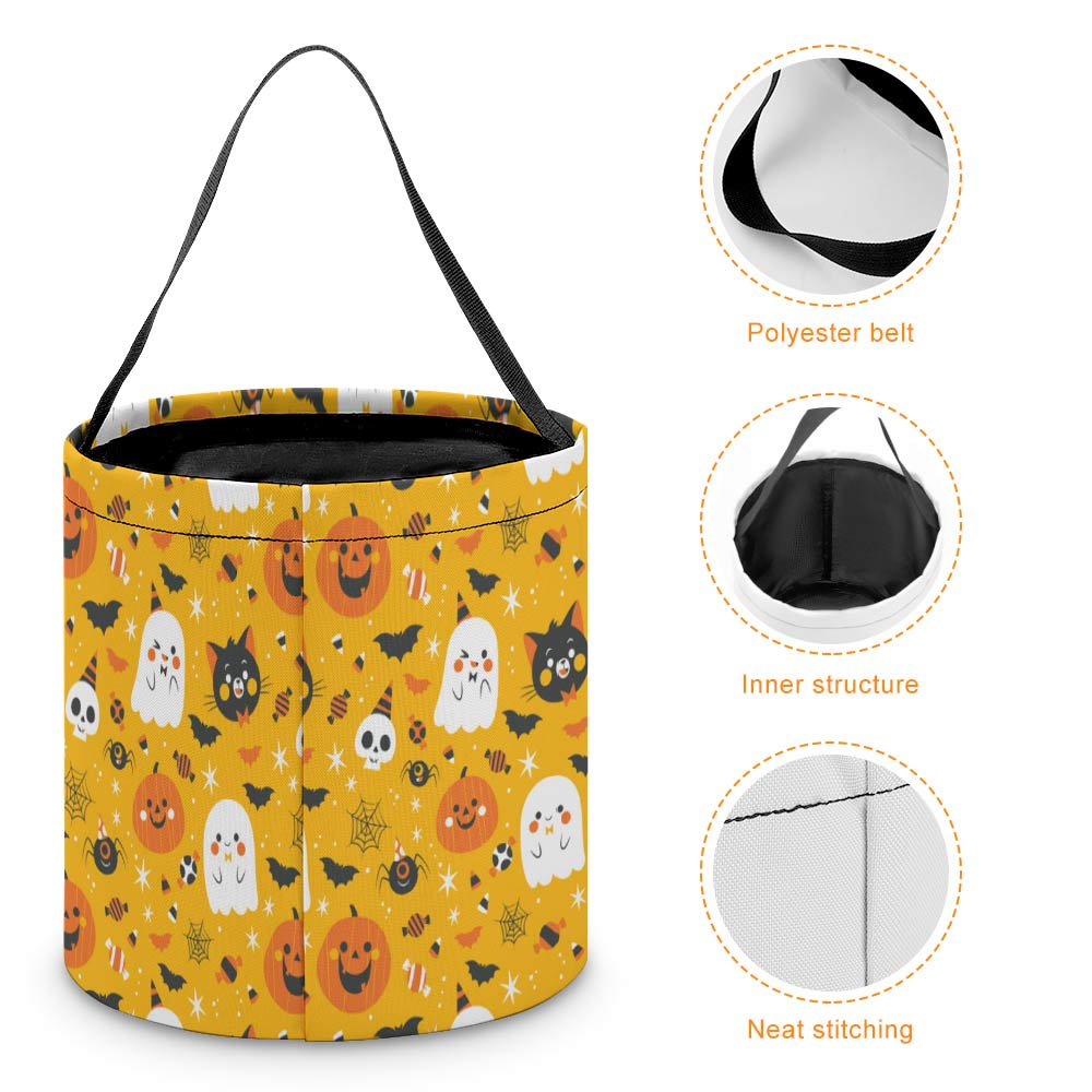 Reusable Halloween tote bag with ghost and pumpkin pattern, for candy and parties.