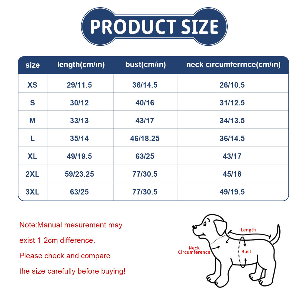Pet shirt size chart with measurements for back length, chest, and neck, essential for the perfect fit.