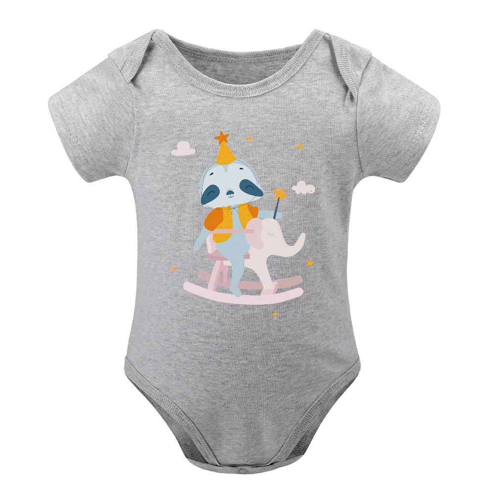 Gray short-sleeve baby bodysuit with rocking horse design, soft cotton for babies 3-24 months.