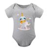 Gray short-sleeve baby bodysuit with rocking horse design, soft cotton for babies 3-24 months.