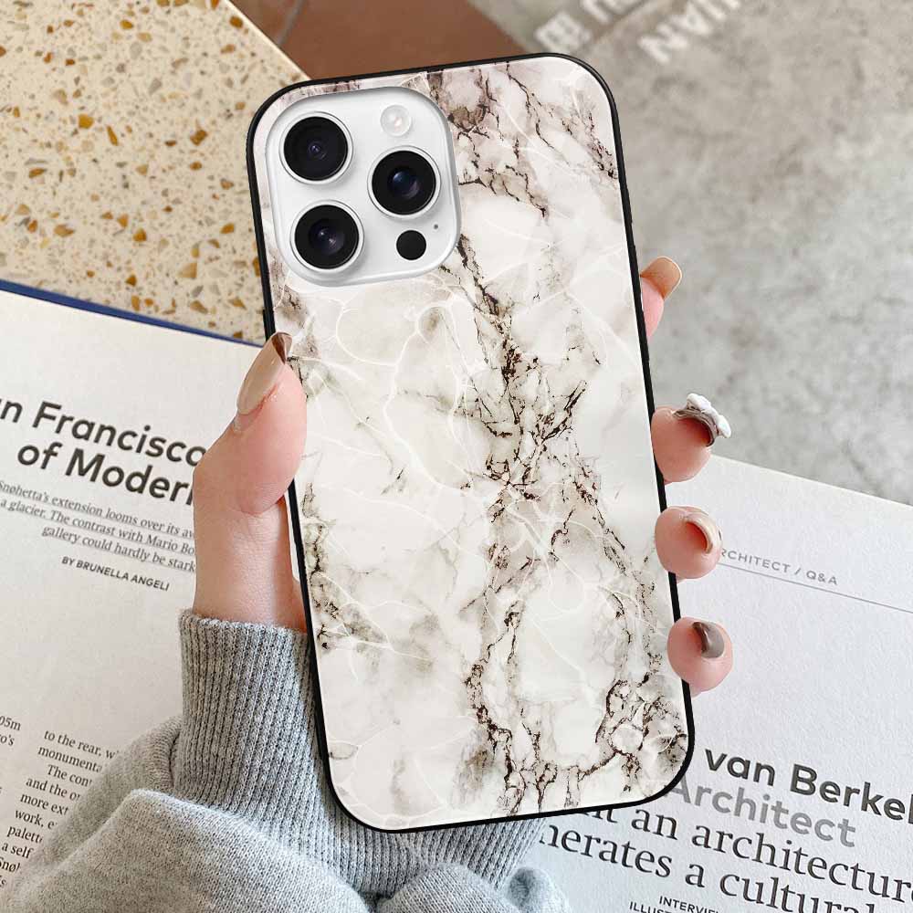 iPhone 16 series marble glass case with drop protection, scratch-resistant design.