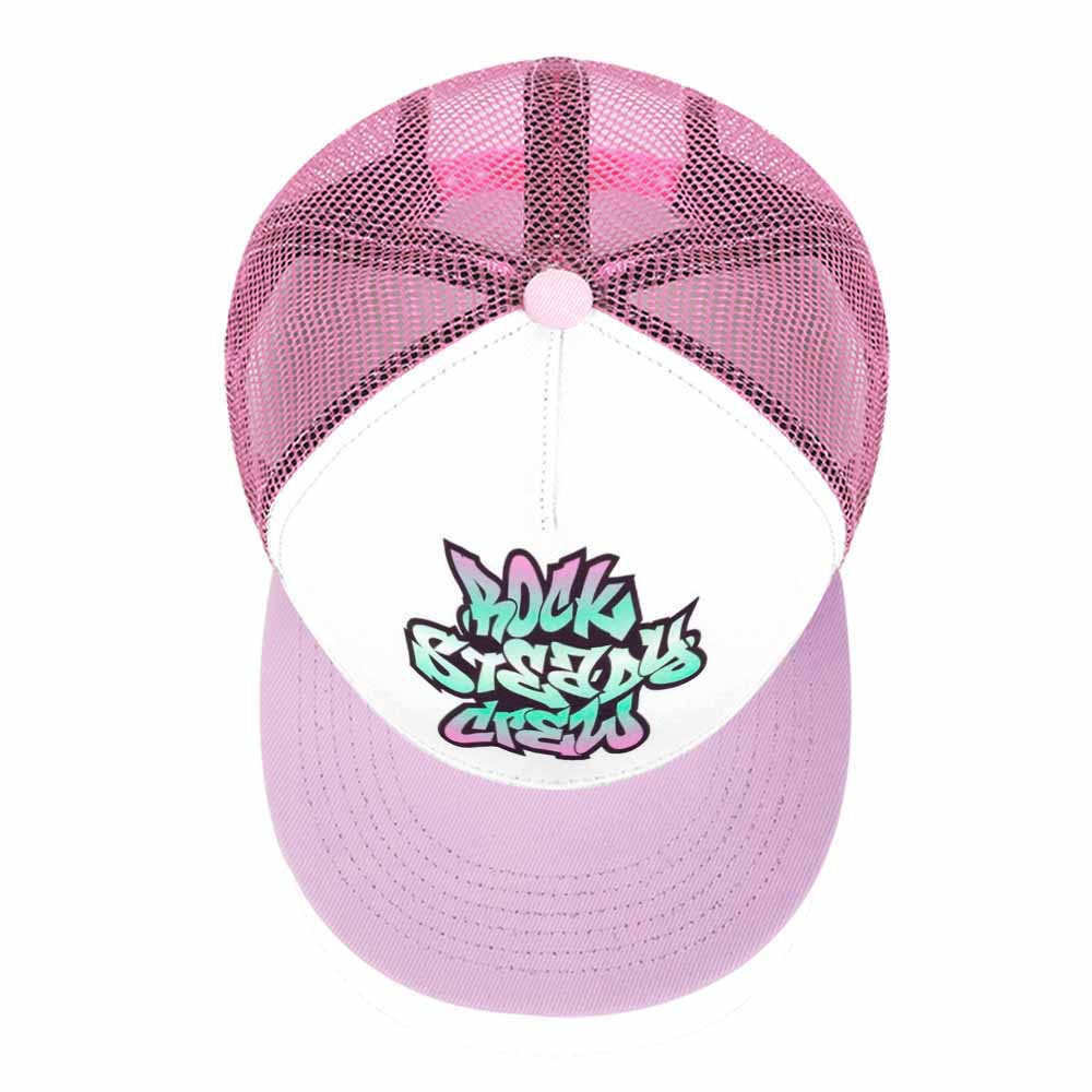 Pink mesh baseball cap, graphic design, breathable for sports and outdoor use.