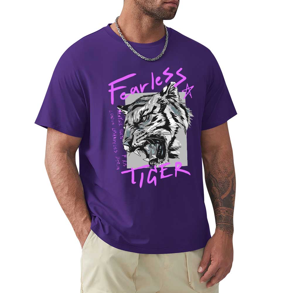 Purple cotton men's T-shirt featuring a 'Fearless Tiger' graphic print, collection