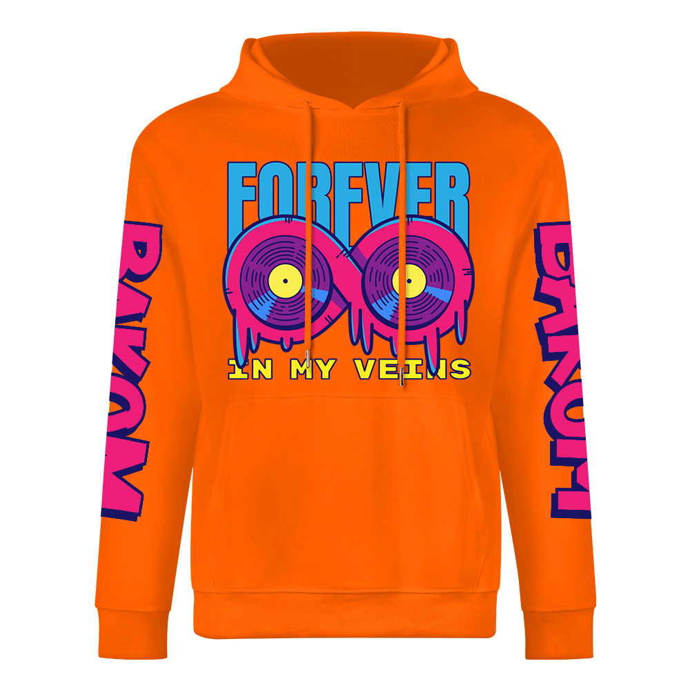 Orange 'FOREVER 99' hoodie, donut graphic with DAKUM & CRASH sleeve prints, youth fashion.