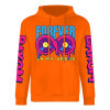 Orange 'FOREVER 99' hoodie, donut graphic with DAKUM & CRASH sleeve prints, youth fashion.