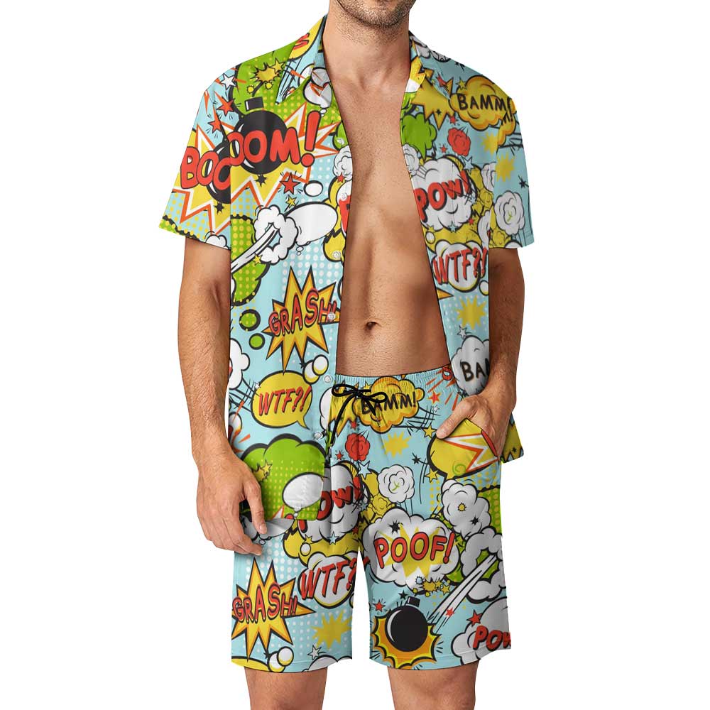 Men's Leisure Beach Suit featuring a vibrant cartoon print, Peach Skin fabric, and comfortable fit.
