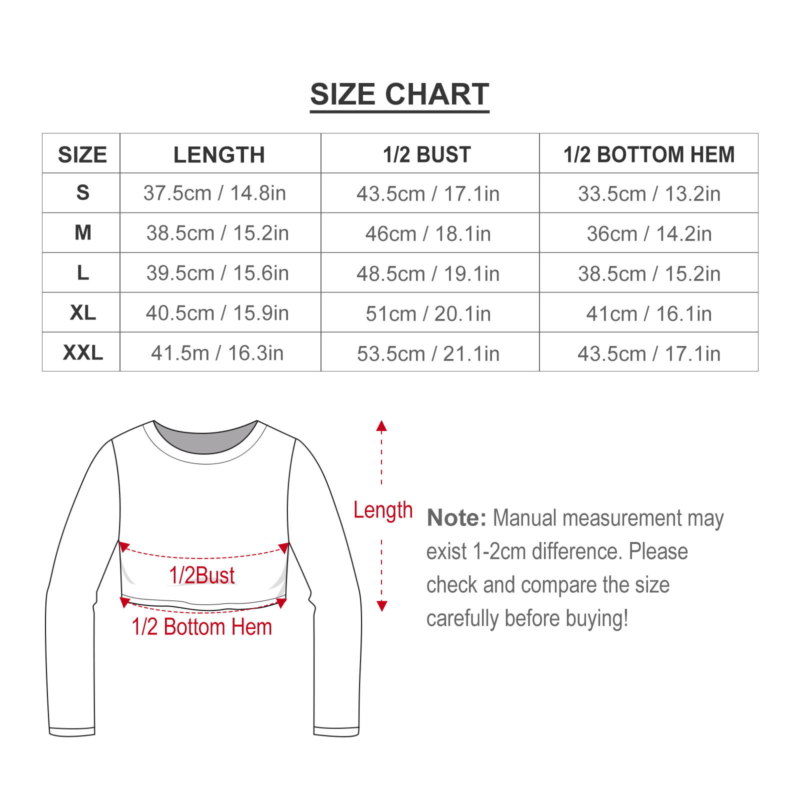 Size chart for Women's long sleeve crop top, measurements in cm/in, featuring length, bust, and bottom hem details