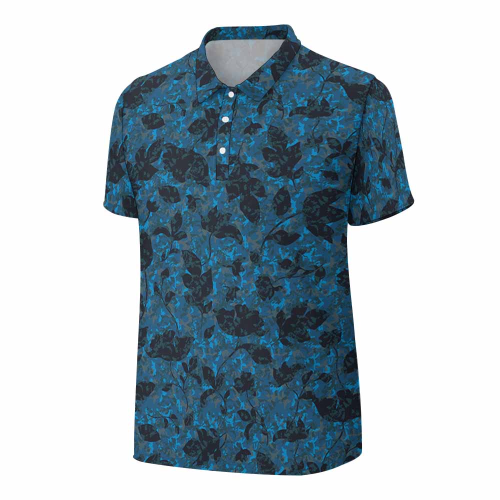 Blue mesh polo shirt with dark floral pattern, perfect for golf and outdoor activities