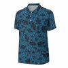 Blue mesh polo shirt with dark floral pattern, perfect for golf and outdoor activities