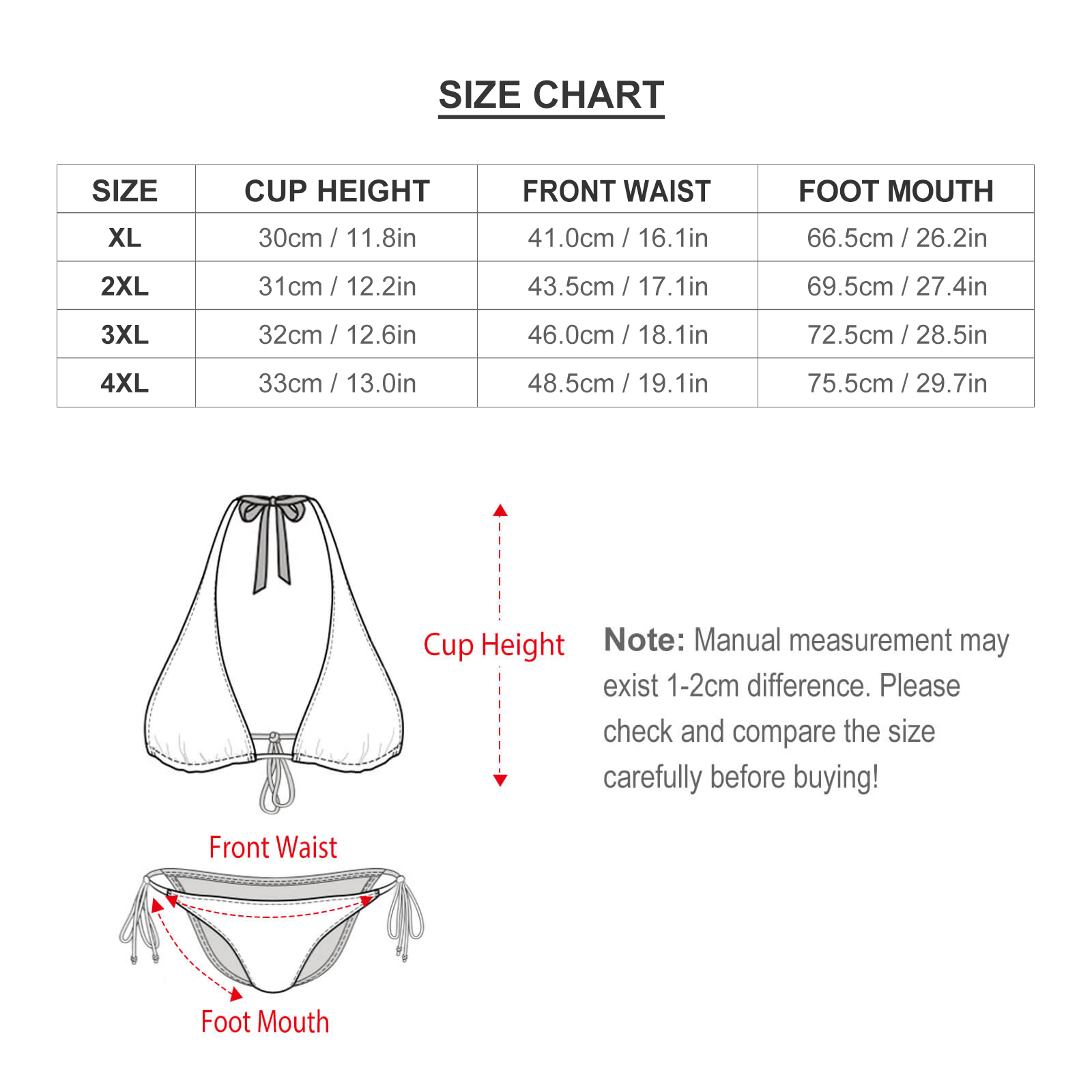 Plus size bikini swimsuit size chart, including cup height, front waist, and foot mouth measurements.