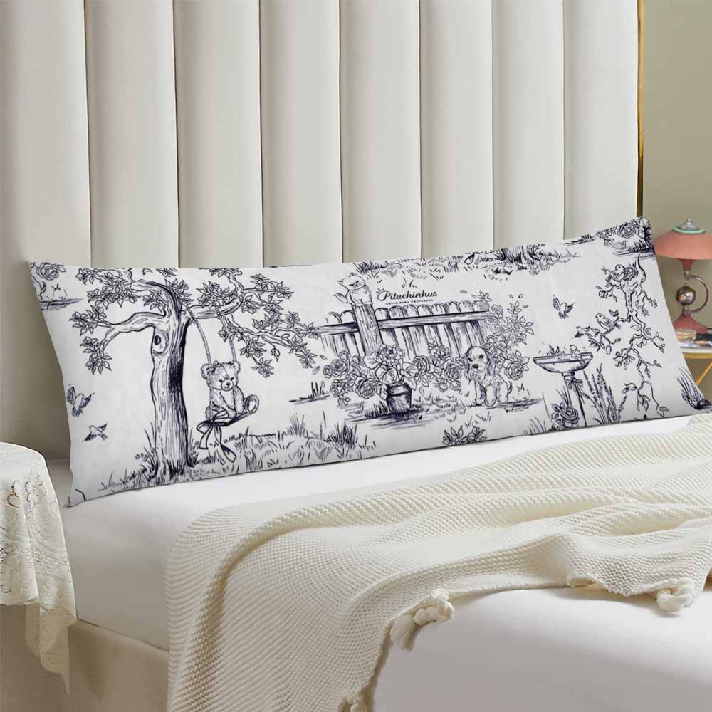 Extra long pillowcase with blue and white landscape print, polyester material for sofa or bed decor
