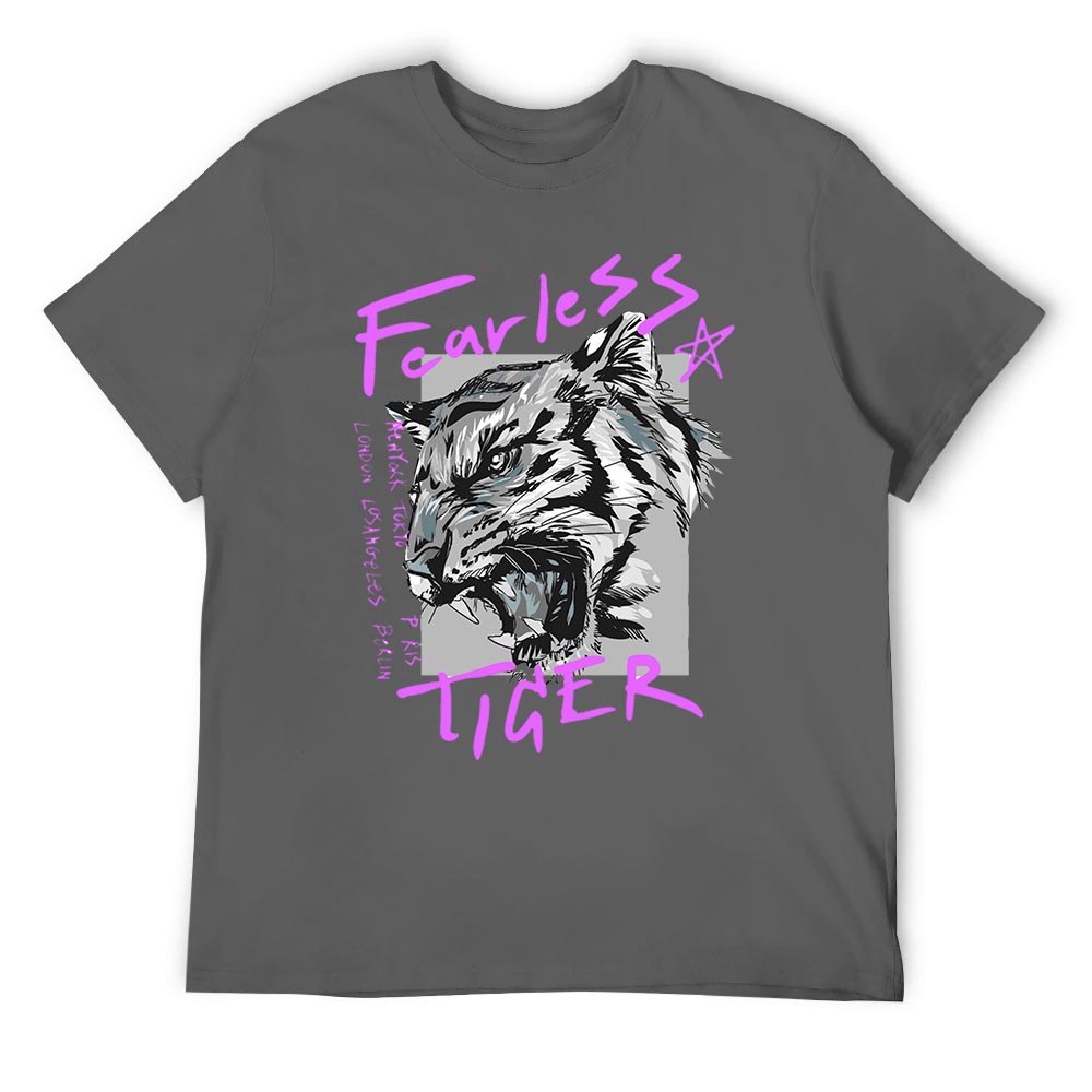 Gray men's cotton 'Fearless Tiger' graphic T-shirt, front and back print,  collection.