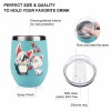 Teal stainless steel insulated cup with cartoon cat and penguin design, hearts, spill-proof lid, and dimensions, Inkedjoy